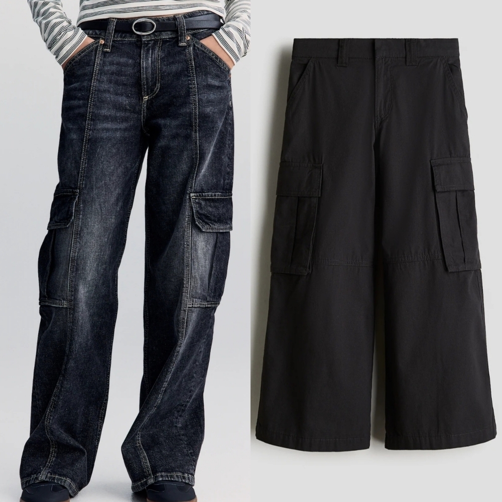 (3) H&M Girl's Black Wide-Leg Cargo Jeans & Pants NWT, Sz 8-9Y